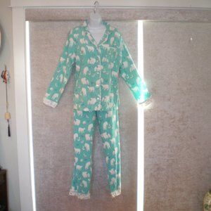 Very Soft Munki Munki Turquoise/White Polar Bear Flannel Pajamas Sz Small